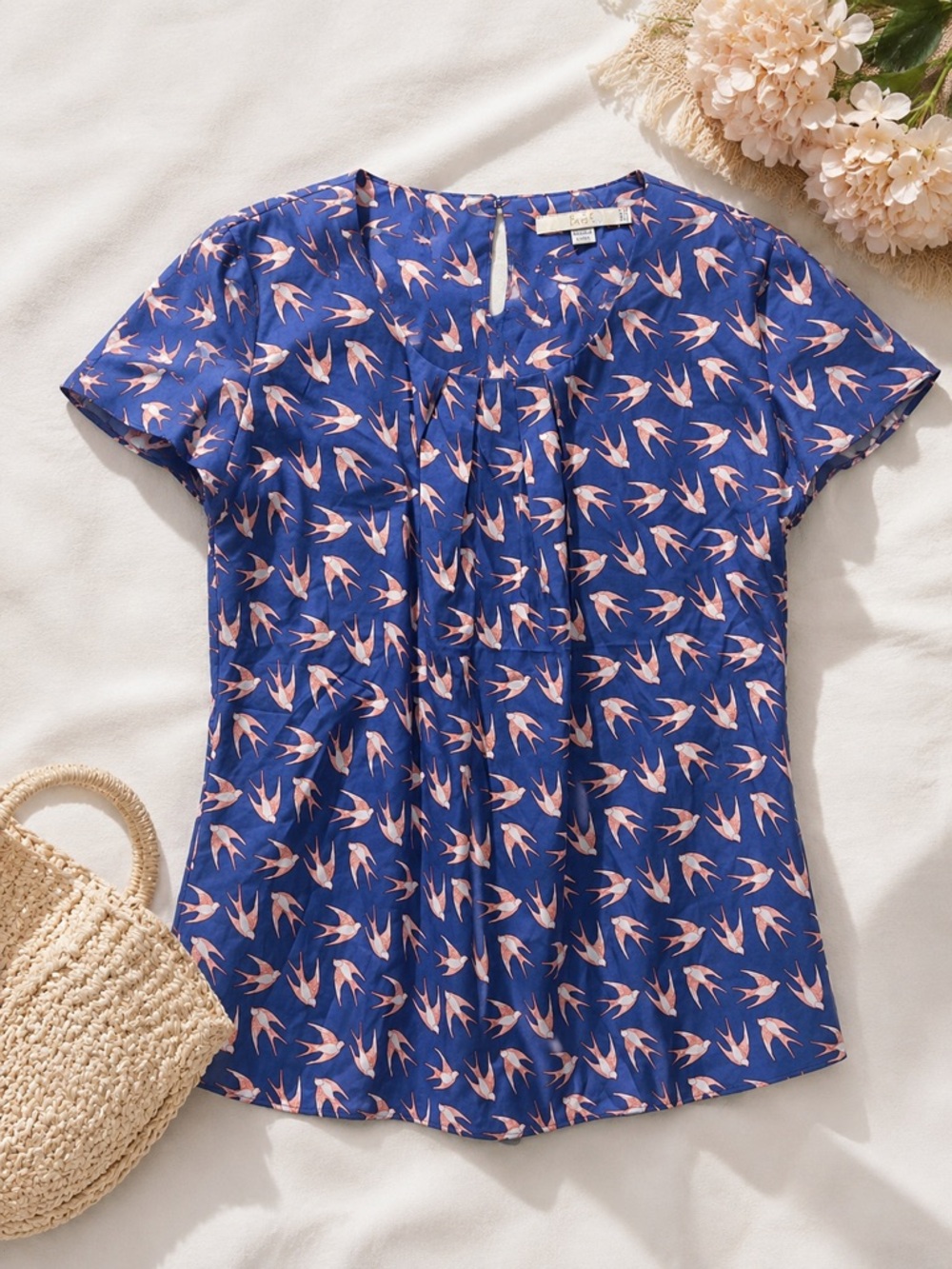 Boden Silk Blend Bird Print Pleated Blouse US 10